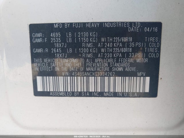 4S4BSANCXG3334262 Subaru 2.5l u5