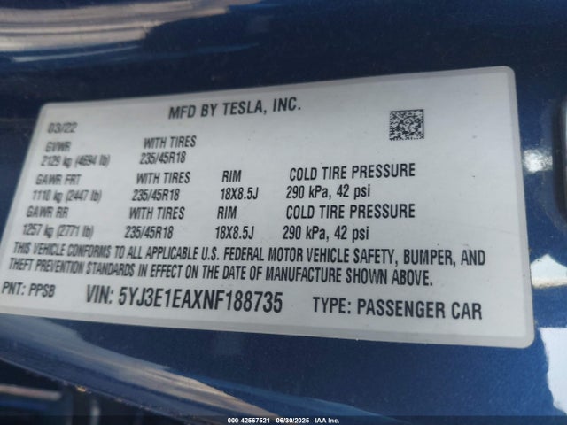 2022 TESLA MODEL 3 5YJ3E1EAXNF188735 Photo 8