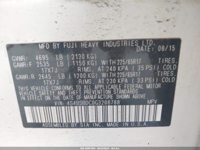 Subaru 2.5l u6 2016 4S4BSBDC0G3208788 Image 9
