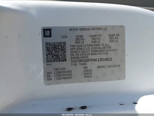 Aukcja sprzedaży 2019 Chevrolet Express 2500 Work Van, vin: 1GCWGBFP4K1204822, numer aukcji: 42567580