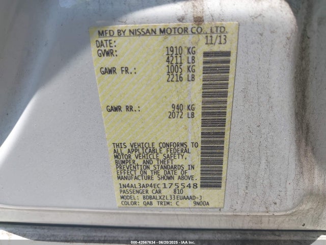 Aukcja sprzedaży 2014 Nissan Altima 2.5 Sl, vin: 1N4AL3AP4EC175548, numer aukcji: 42567634