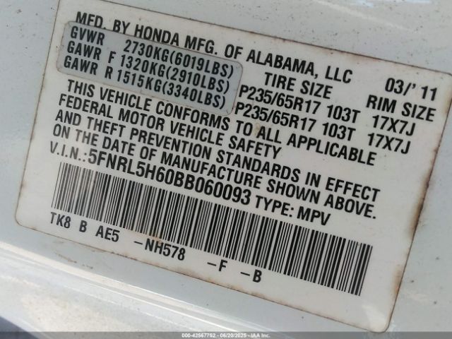 2011 HONDA ODYSSEY 5FNRL5H60BB060093 Photo 8