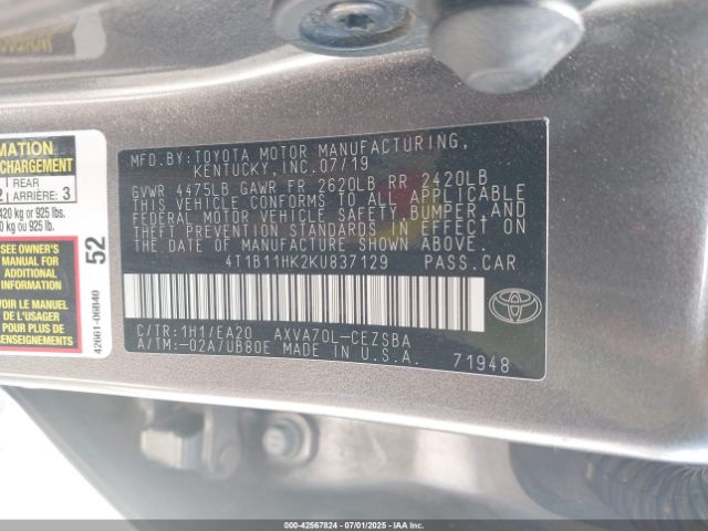 2019 TOYOTA CAMRY 4T1B11HK2KU837129 Photo 8