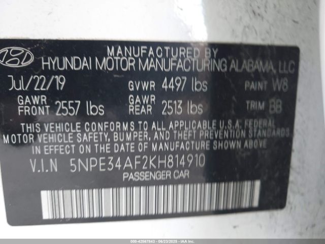 2019 HYUNDAI SONATA 5NPE34AF2KH814910 Photo 8
