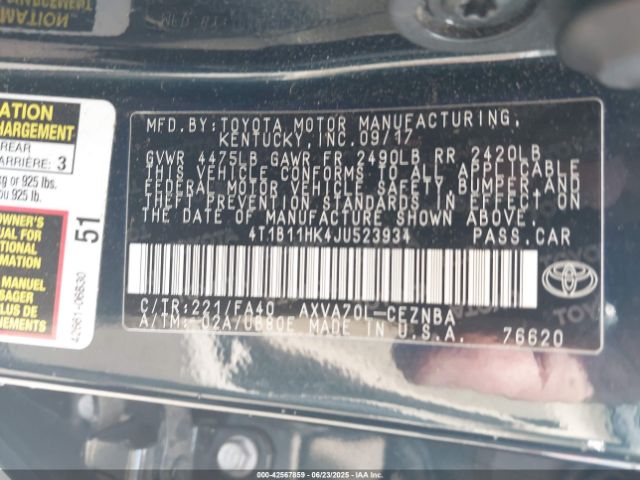 2018 TOYOTA CAMRY 4T1B11HK4JU523934 Photo 8