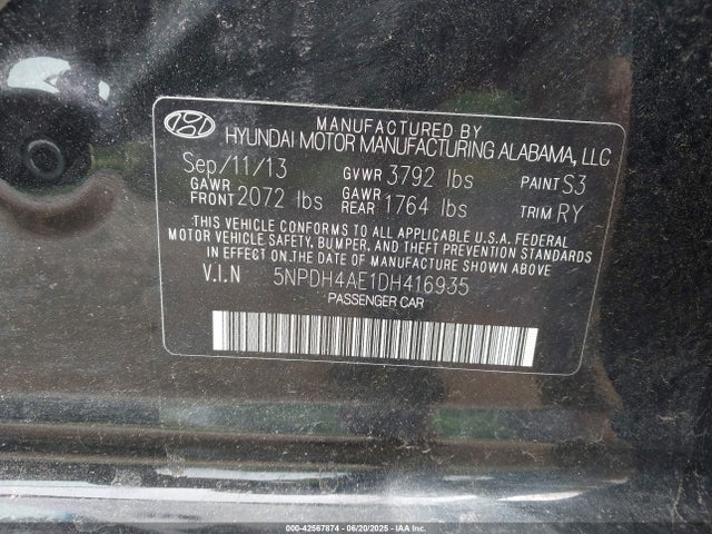 2013 Hyundai Elantra Limited მანქანა იყიდება აუქციონზე, vin: 5NPDH4AE1DH416935, აუქციონის ნომერი: 42567874