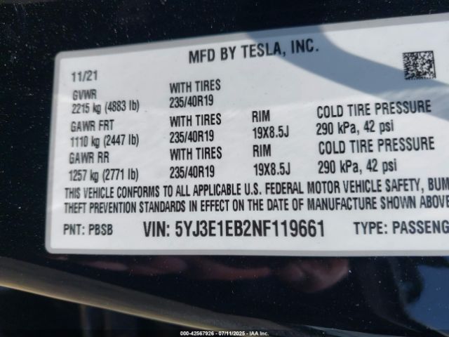 2022 TESLA MODEL 3 5YJ3E1EB2NF119661 Photo 8
