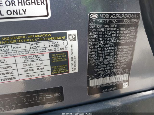 2019 LAND ROVER RANGE ROVER SALGS2SV5KA561216 Photo 8