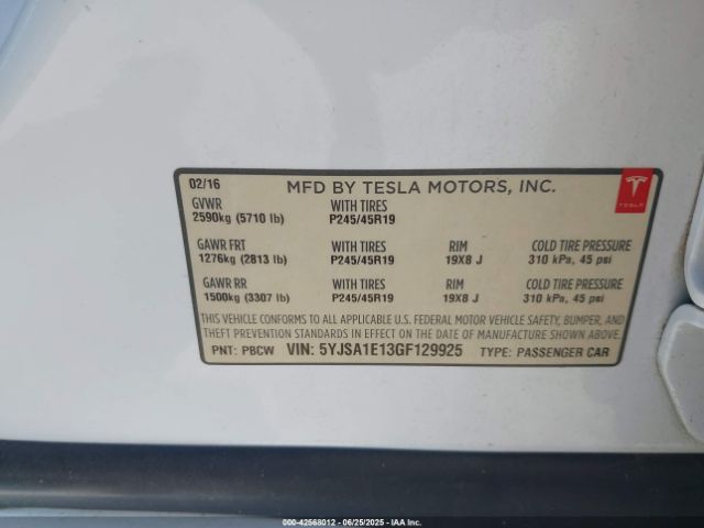 2016 TESLA MODEL S 5YJSA1E13GF129925 Photo 8