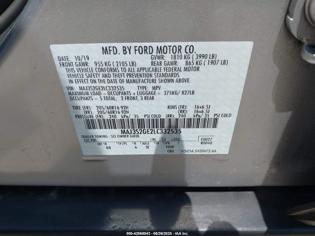 Продаж на аукціоні авто 2020 Ford Ecosport Se, vin: MAJ3S2GE2LC332535, номер лоту: 42568043