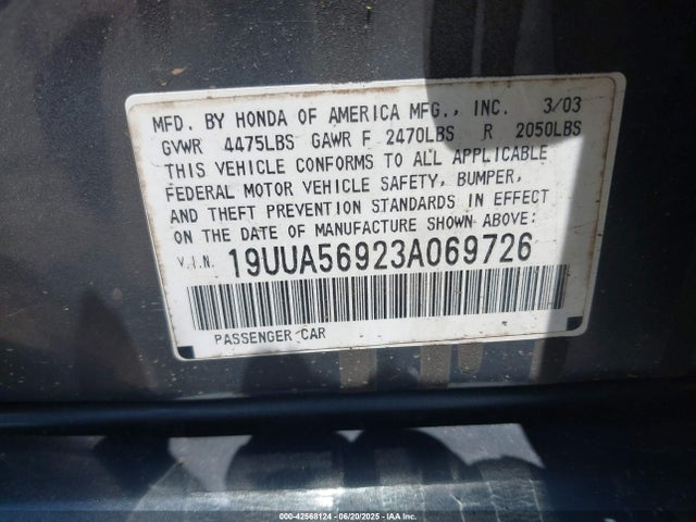 42568124 :رقم المزاد ، 19UUA56923A069726 vin ، 2003 Acura Tl 3.2 Type S مزاد بيع