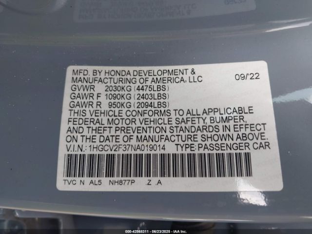 1HGCV2F37NA019014 Honda k20c4