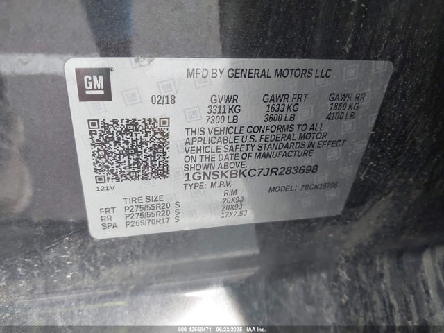 1GNSKBKC7JR283698 Chevrolet l83 - spark ignited direct injection, variable valve timing, afm, e85 max, alum