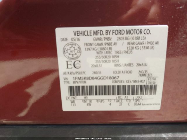 2016 FORD EXPLORER 1FM5K8D84GGD18067 Photo 8