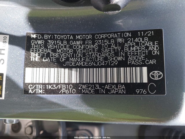 JTDEAMDE6NJ047129 Toyota 2zr-fxe, 1nm