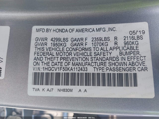 1HGCV1F50KA112433 Honda l15be