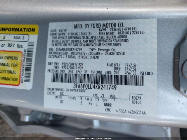2019 FORD FUSION HYBRID 3FA6P0LU4KR241749 Photo 8