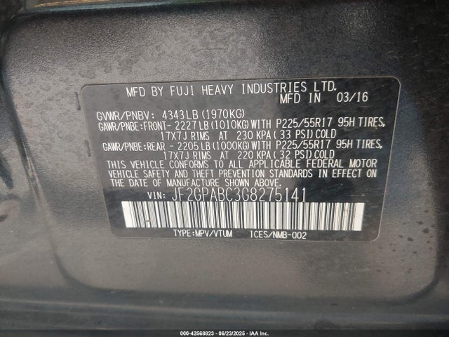 Subaru naturally aspirated 2016 JF2GPABC3G8275141 Image 9