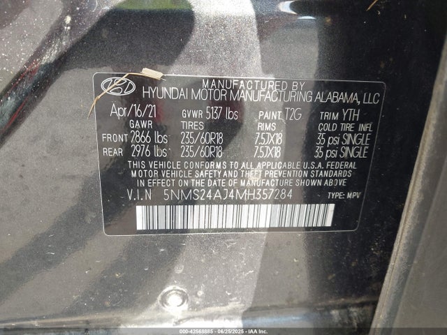 5NMS24AJ4MH357284 Hyundai gdi theta iii