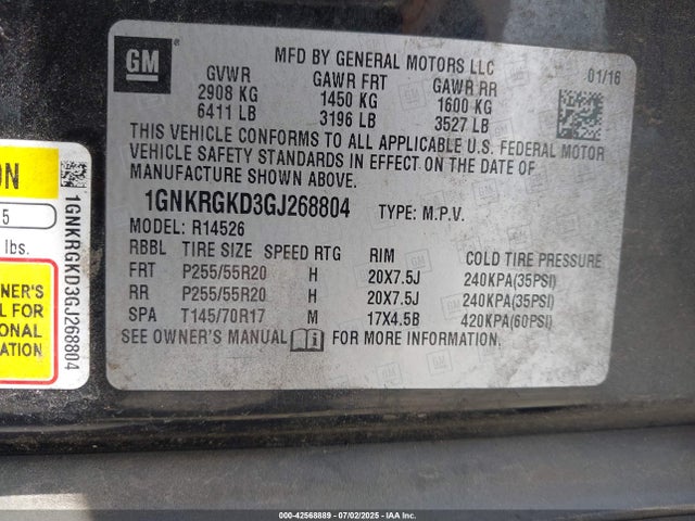 1GNKRGKD3GJ268804 Chevrolet llt - sidi, alum, 60 degrees