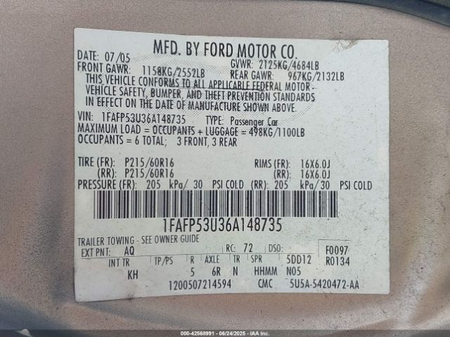 2006 FORD TAURUS 1FAFP53U36A148735 Photo 8