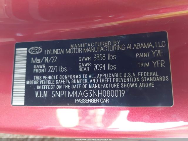 5NPLM4AG3NH080019 Hyundai mpi nu pe