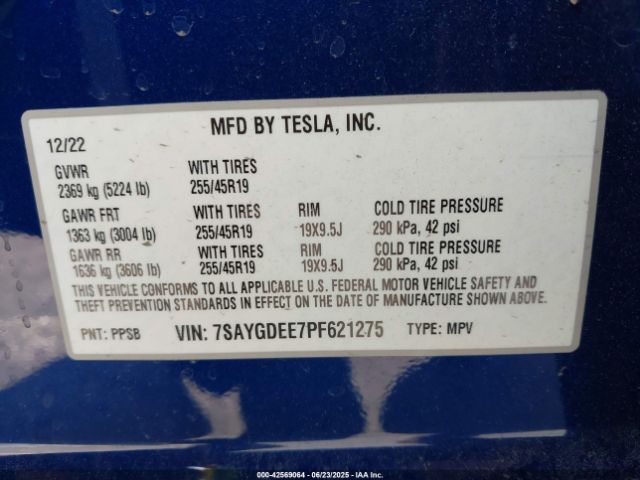7SAYGDEE7PF621275 Tesla Model Y