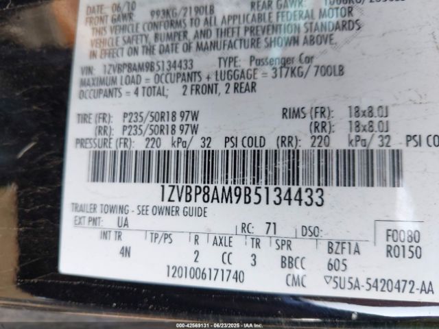 2011 FORD MUSTANG 1ZVBP8AM9B5134433 Photo 8