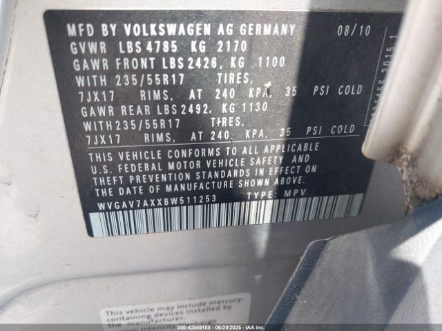 2011 VOLKSWAGEN TIGUAN WVGAV7AXXBW511253 Photo 8