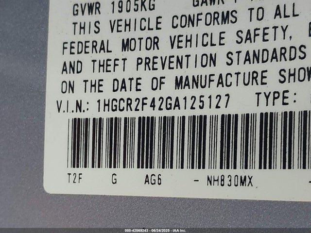 1HGCR2F42GA125127 Honda k24w1