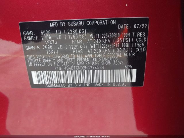 2022 SUBARU OUTBACK 4S4BTGND2N3274564 Photo 8