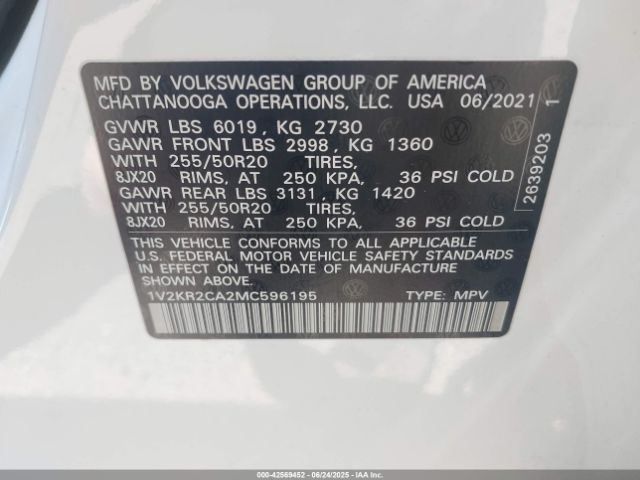 2021 VOLKSWAGEN ATLAS 1V2KR2CA2MC596195 Photo 8