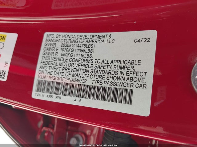 1HGCV1F49NA045732 Honda l15be