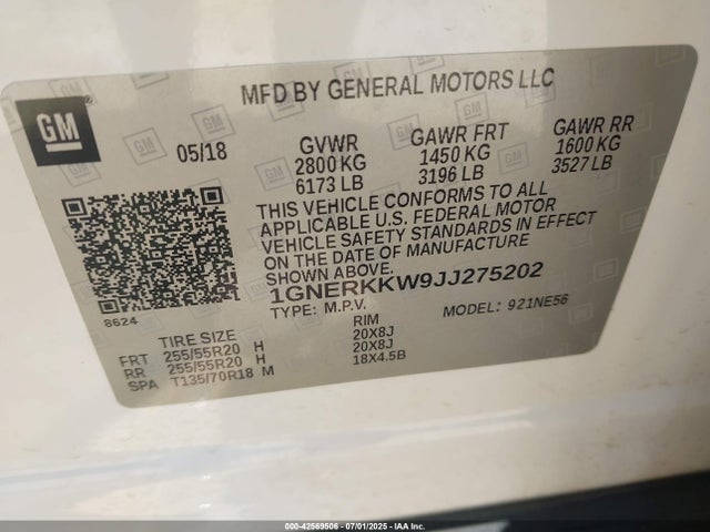 1GNERKKW9JJ275202 Chevrolet lfy - spark ignited direct injection, atss, gen 1