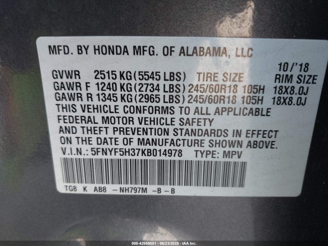 5FNYF5H37KB014978 Honda j35y6