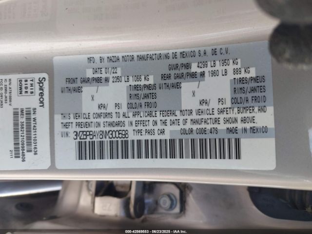 2022 MAZDA MAZDA3 3MZBPBAY8NM300598 Photo 8