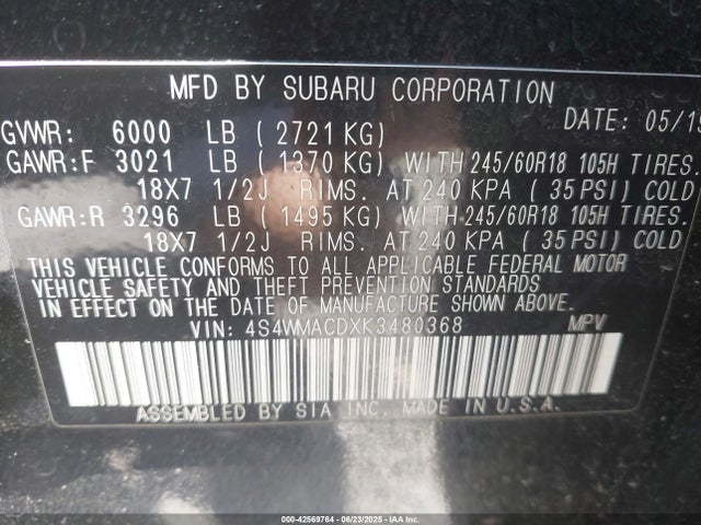 4S4WMACDXK3480368 Subaru Ascent