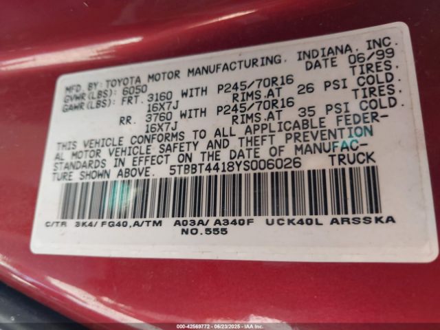 2000 TOYOTA TUNDRA 5TBBT4418YS006026 Photo 8