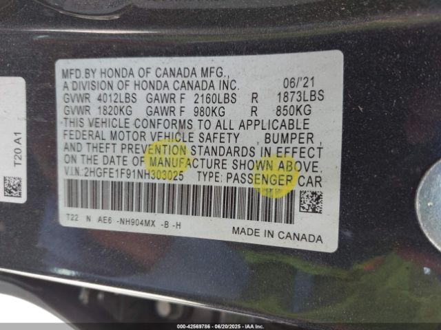 2022 HONDA CIVIC 2HGFE1F91NH303025 Photo 8