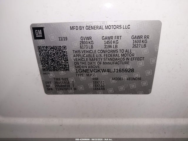 1GNEVGKW4LJ165928 Chevrolet lfy - spark ignited direct injection, atss, gen 1