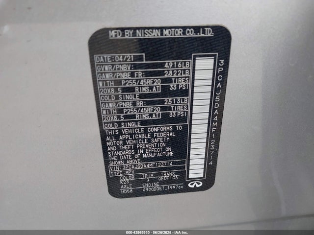 42569930 :رقم المزاد ، 3PCAJ5DA4MF123714 vin ، 2021 Infiniti Qx50 Autograph مزاد بيع