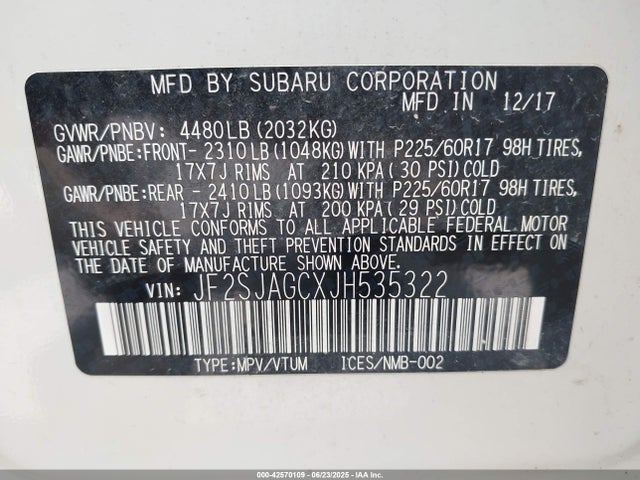 Subaru naturally aspirated u5 2018 JF2SJAGCXJH535322 Image 9