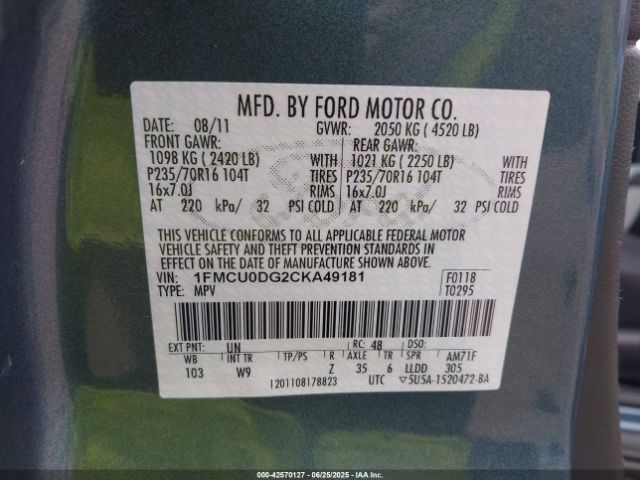2012 FORD ESCAPE 1FMCU0DG2CKA49181 Photo 8