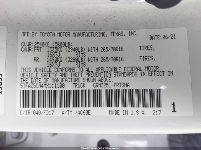 5TFAZ5CN4MX111100 Toyota 2gr-fks