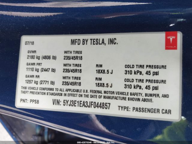 5YJ3E1EA3JF044857 Tesla MODEL 3