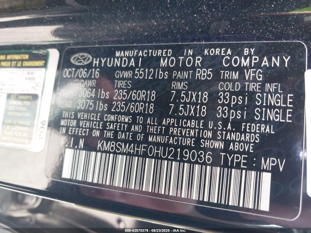 KM8SM4HF0HU219036 Hyundai gdi lambda ii