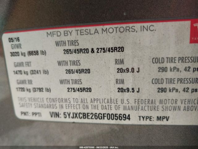 2016 TESLA MODEL X 5YJXCBE26GF005694 Photo 8