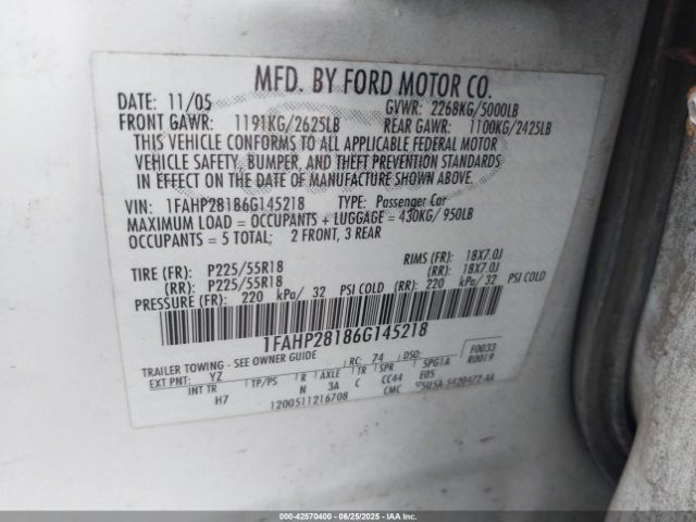 2006 FORD FIVE HUNDRED 1FAHP28186G145218 Photo 8