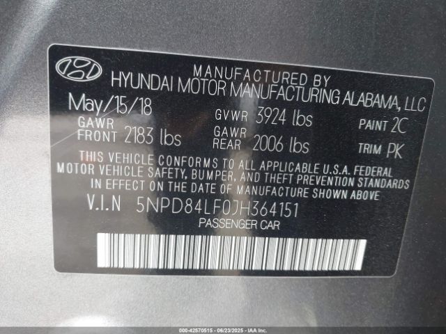 5NPD84LF0JH364151 Hyundai mpi nu