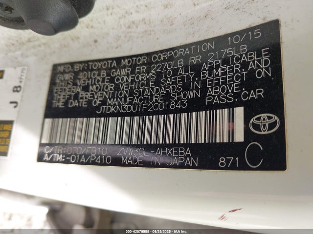 JTDKN3DU1F2001843 Toyota 2zr-fxe+3jm